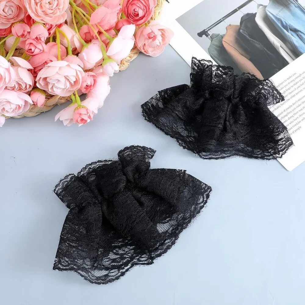 Women's Black Short Elastic Hand Sleeve Gloves Ruffled Floral Cuff Accessories